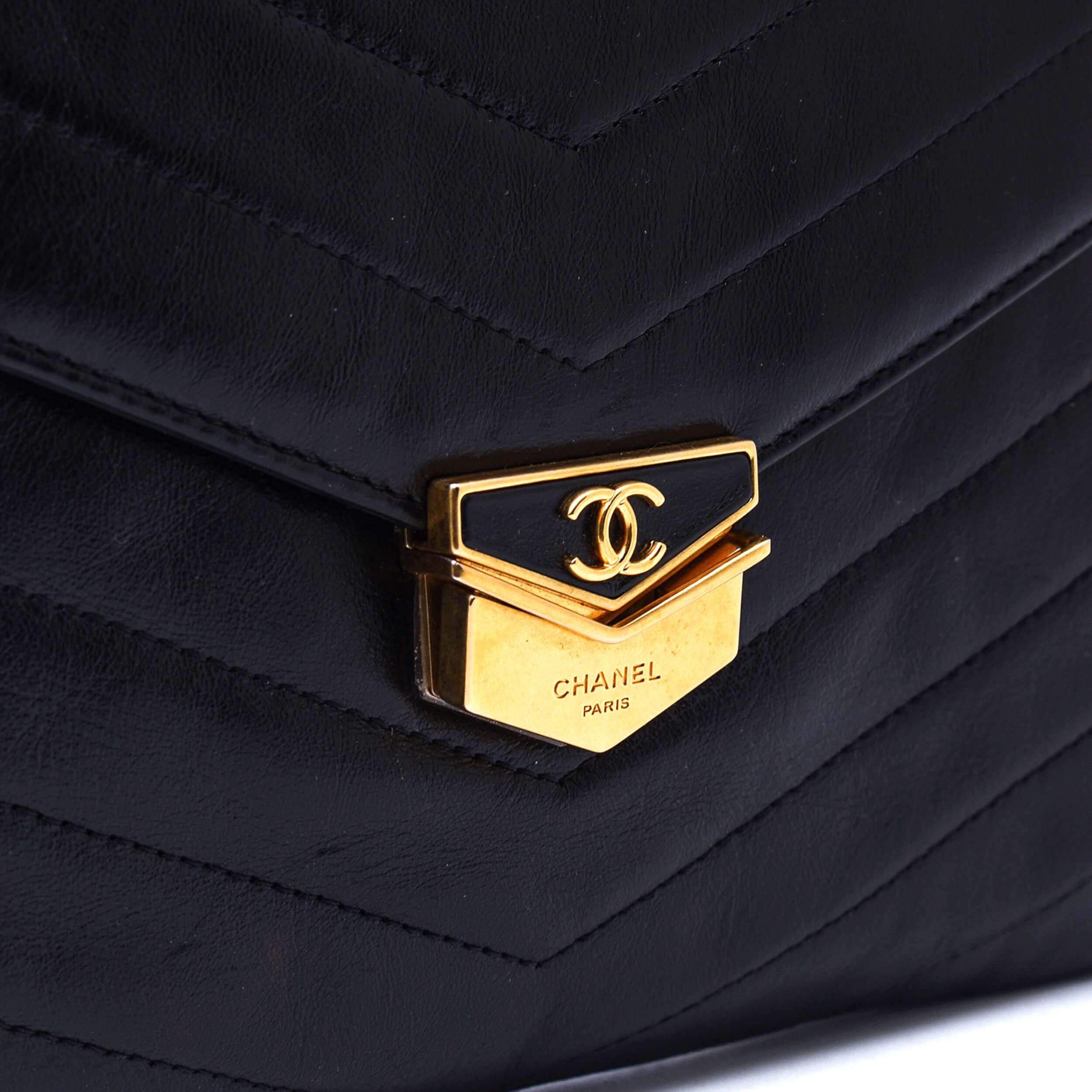 Chanel - Black Chevron Leather Paris Hamburg Medal Envelope Clutch Bag 